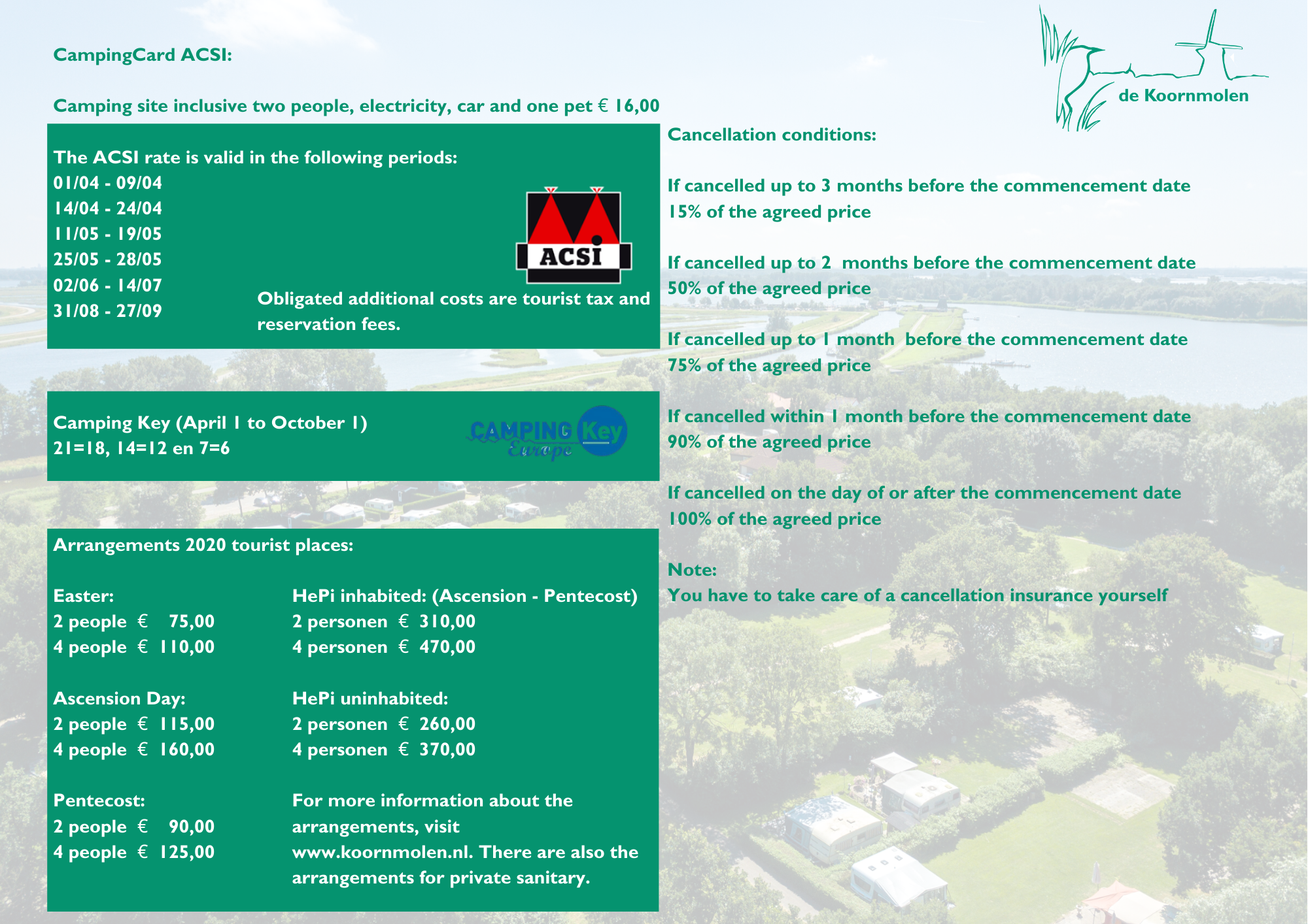 Prices tourist plot camping de Koornmolen 2020 Prices tourist plot camping de Koornmolen 2020