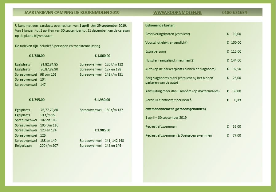 Tarieven jaarplaatsen 2019